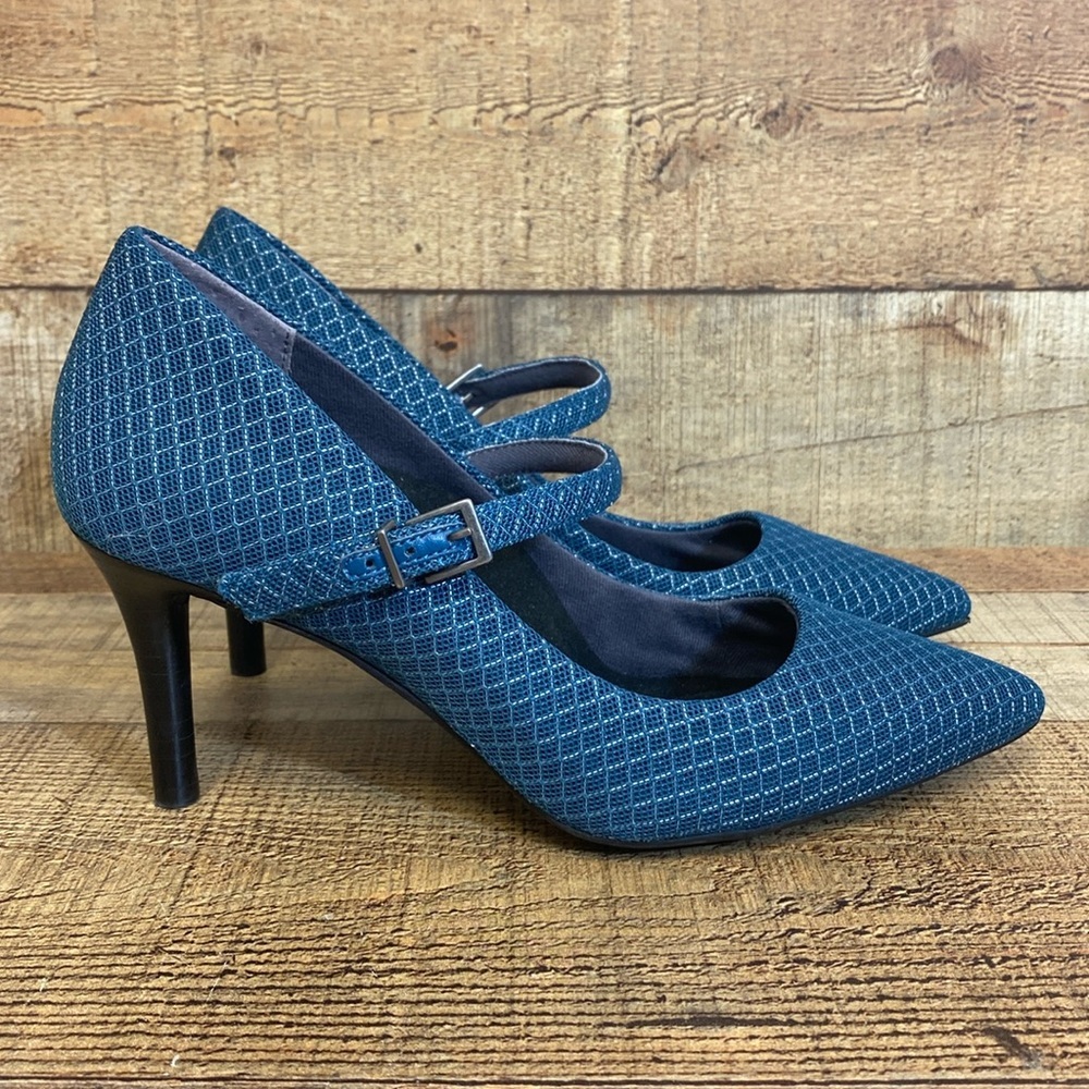 Betabrand Mile Marker Mary Jane Pumps Heels Womens 7.5‎ Blue Pointed Toe Office